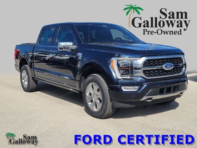 2022 Ford F-150 Platinum in Blue Metallic — front three-quarter view